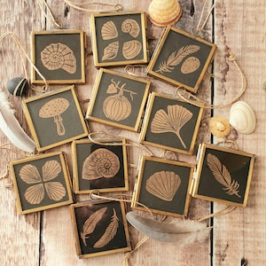 May include: A set of 12 gold-toned picture frames with black backgrounds and various nature-inspired illustrations. The illustrations include a mushroom, a feather, a seashell, a ginkgo leaf, a four-leaf clover, and a pumpkin.