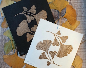 Linograbado de hojas de ginkgo de cobre / Ilustración botánica / Impresión de la naturaleza / Obra de arte original / Hoja impresa a mano / Impresiones pequeñas / Arte para regalar