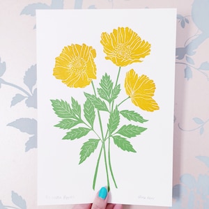 Handprinted Welsh Poppy Linocut Print: Orange Floral Art