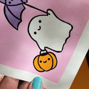 Ghost friends linocut print cute halloween lino print gift for a friend cute print cute gifts kawaii print pastel colours print image 5