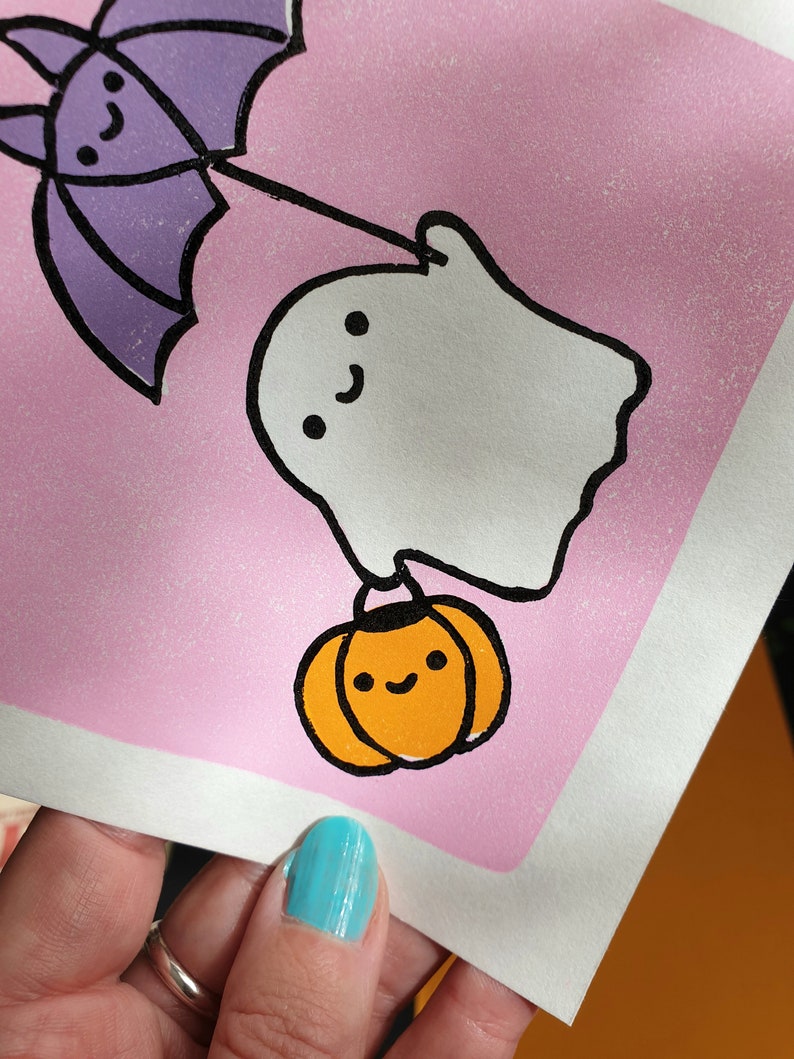 Ghost friends linocut print cute halloween lino print gift for a friend cute print cute gifts kawaii print pastel colours print image 5