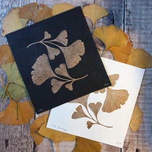 Linogravure de feuilles de ginkgo en cuivre | linogravure botanique | linogravure sur feuille | petite feuille de Ginkgo | cadeaux pour les amoureux de la nature | imprimé lino petites feuilles