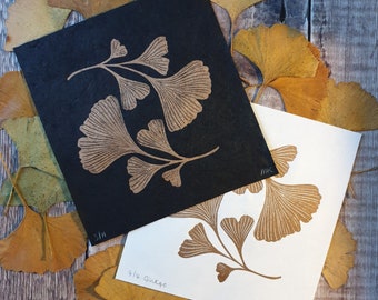 Copper Ginkgo Leaves Linocut | Botanical Illustration | Nature Print | Original Artwork | Hand Printed Leaf | Small Prints | Giftable Art