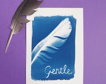 Papercut 'Gentle' cyanotype art print | feather and papercut cyanotype | cyanotype print | feather postcard print | small feather cyanotype