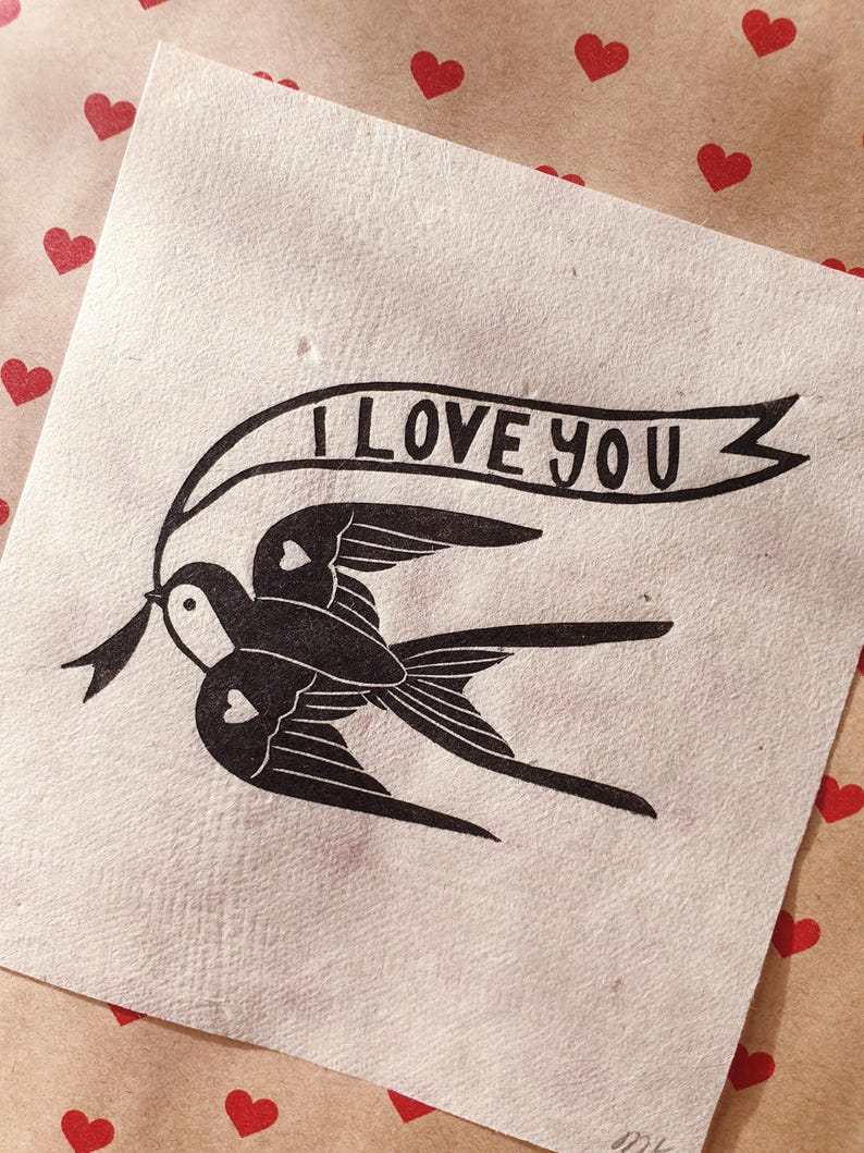 Love Bird Linocut Print | Love Themed | Bird Mini Print | Original Art | Stylized Bird | Tattoo Style | Cute 'Love You' Art | Giftable Art afbeelding 16