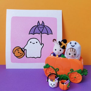 Ghost friends linocut print cute halloween lino print gift for a friend cute print cute gifts kawaii print pastel colours print image 2