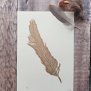 Gold Feather Linocut Print - Hand-Printed Feather Linocut, Small Feather Print