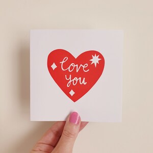 Love You greetings card hand printed love heart card red heart greetings card valentine's card galentine's card anniversary card image 4