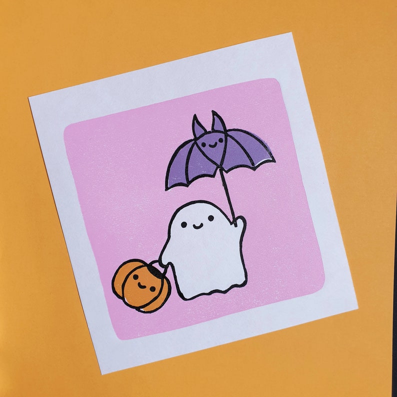 Ghost friends linocut print cute halloween lino print gift for a friend cute print cute gifts kawaii print pastel colours print image 8