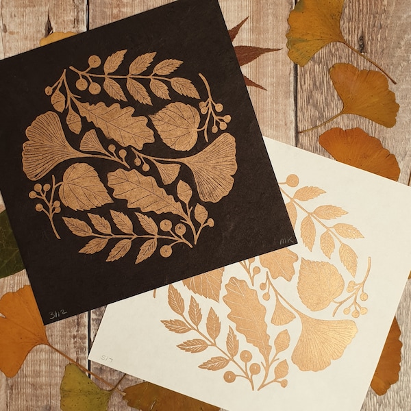 Autumn Leaves and Acorns Linocut Print | botanical linocut | copper leaves lino print | square leaves linocut print | gift for nature lovers