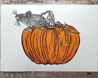 Pumpkin Mouse Linocut Print | Wildlife Lino Print | Autumn A4 Art | Field Mouse | Home Decor | Hand Printed