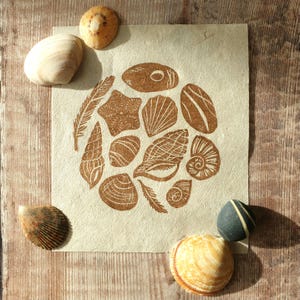 Sea Shells And Pebbles Linocut | Nature Mini Print | Original Artwork | Nature Illustrations | Coastal Wall Art | Seashore Theme
