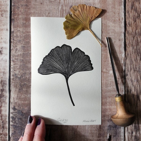 Ginkgo leaf linocut mini print | nature inspired wall art | botanical art | metallic gold ginkgo leaf mini print | gift for a nature lover