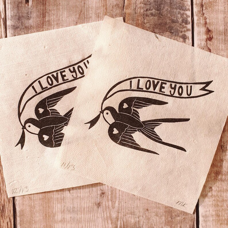 Love Bird Linocut Print | Love Themed | Bird Mini Print | Original Art | Stylized Bird | Tattoo Style | Cute 'Love You' Art | Giftable Art afbeelding 17