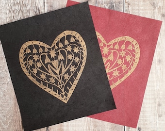 Gold folk art heart linocut print | floral heart linocut | heart themed art | handprinted heart | gift for a friend | mother's day gift