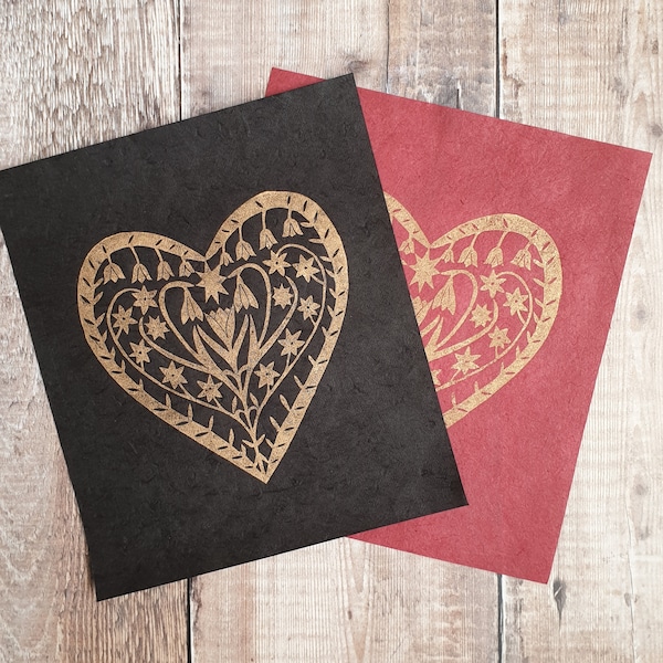 Gouden volkskunst hart linosnede print | bloemenhart linosnede | hart thema kunst | handgedrukt hart | cadeau voor een vriend | moederdag cadeau