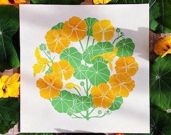 Nasturtiums linocut | orange and yellow Nasturtiums lino print | gift for a flower lover | botanical linocut print | gift for a colour lover