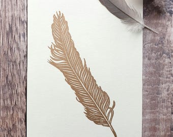 Gold Feather Linocut Print | Hand-Printed | Original Artwork | Small Prints | Nature Illustration | Gifts For Bird Lovers | Giftable Art