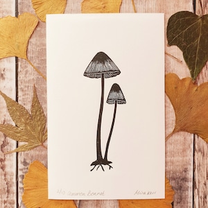 Common Bonnet Fungi Linocut Print - Mushroom Linocut Art, Nature Lover Gift, Fungi Mini Print, Postcard Size Fungi Lino Print