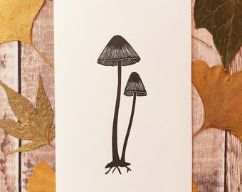 Common Bonnet fungi linocut print | gift for a nature lover | mushroom lino print | fungi mini print | mushroom mini print | mushroom art