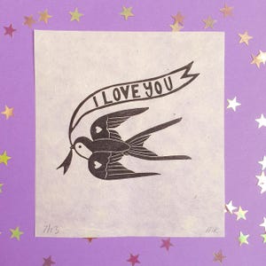 Love Bird Linocut Print | Love Themed | Bird Mini Print | Original Art | Stylized Bird | Tattoo Style | Cute 'Love You' Art | Giftable Art afbeelding 18