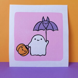 Ghost friends linocut print cute halloween lino print gift for a friend cute print cute gifts kawaii print pastel colours print image 10