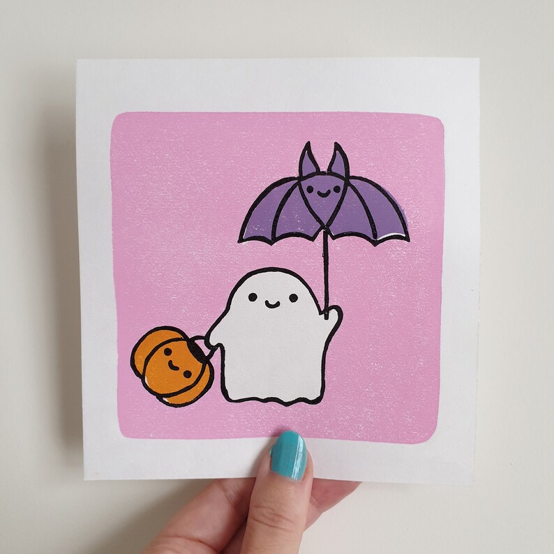 Ghost friends linocut print cute halloween lino print gift for a friend cute print cute gifts kawaii print pastel colours print image 7