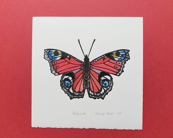 Peacock Butterfly linocut print | original peacock butterfly lino print | handprinted red butterfly | gift for a butterfly lover