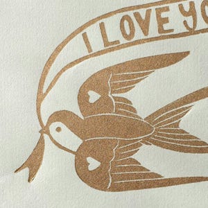 Love Bird Linocut Print | Love Themed | Bird Mini Print | Original Art | Stylized Bird | Tattoo Style | Cute 'Love You' Art | Giftable Art afbeelding 5