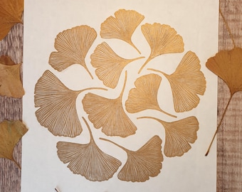 Golden Ginkgo Leaves Linocut Print | Botanical | Gold Ink | Original Artwork | Yellow Autumn Leaves Wall Art | Gifts For Nature Lovers