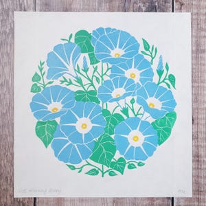 Morning Glory Linocut Print | Botanical Linocut | Blue Flowers Linocut | Gift for a Flower Lover | Floral Linocut | Climbing Flowers Linocut