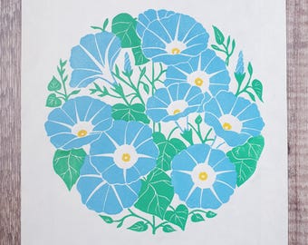 Morning Glory Linocut Print | Botanical | Blue Climbing Flowers | Original Artwork | Hand Printed | Gifts For Gardeners | Floral Wall Art