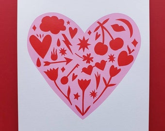 Pink heart screen print | Big Love screen print | A4 pink and red heart print | love motifs print | gift for a friend | anniversary gift