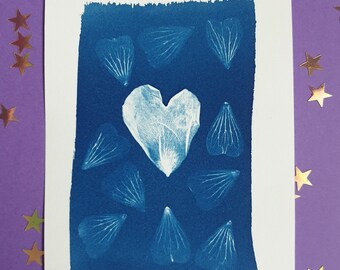 Flower petals cyanotype print |  flower cyanotype art | blue botanical print | floral cyanotype | heart themed print | unique flower print