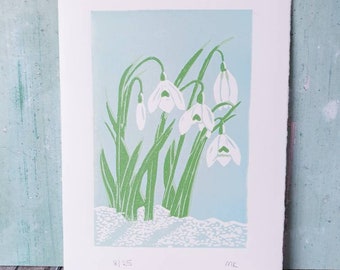 Snowdrops linocut print | gift for a plant lover | A5 size colour snowdrop linocut | floral linocut | gift for a flower lover | floral decor