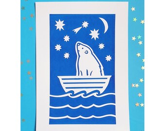 Polar Bear Screen Print | Starry Night Bear Print | Original A4 Art | Kids Room Decor | Hand-Pulled | Cute Wall Art | Nursery Wall Decor