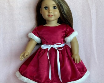 Be My Valentine - Red satin 18 in doll dress with white faux fur trim at sleeves and skirt, and white satin bow at waist.