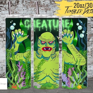 Lagoon Creature 20oz Skinny Tumbler Wrap, Horror Movie Fan Sublimation, Travel Coffee Cup, Green Reptile PNG, Creature Feature Wallpaper