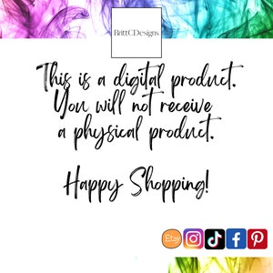 Op de afbeelding: Een witte achtergrond met zwarte tekst die luidt "Dit is een digitaal product. Je ontvangt geen fysiek product. Veel plezier met winkelen!"  Onder de tekst staan ​​pictogrammen voor Etsy, Instagram, TikTok, Facebook en Pinterest.