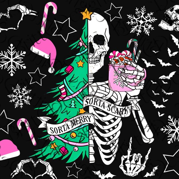 Sorta Merry Sorta Scary 20oz Tumbler Wrap, Pink Christmas, Christmas Skeleton Cup, Christmas Tree, Holiday Gift Idea, Spooky Christmas