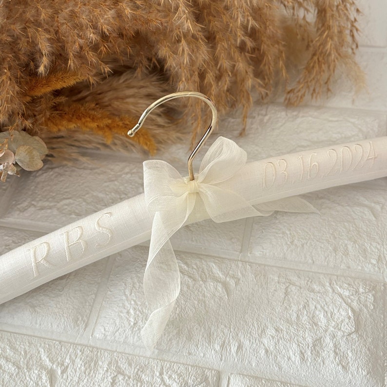 Personalized Linen Wedding Hanger,Embroidered Hanger for Bride, Bridesmaid Proposal,Wedding Decor,Date Hanger, Wedding Dress Hanger image 6