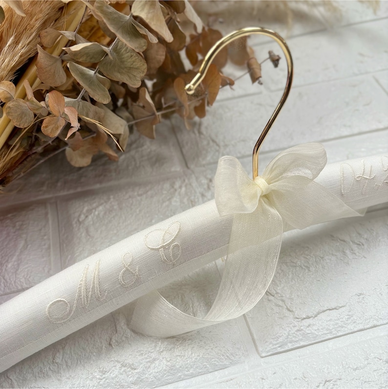 Personalized Linen Wedding Hanger,Embroidered Hanger for Bride, Bridesmaid Proposal,Wedding Decor,Date Hanger, Wedding Dress Hanger image 1