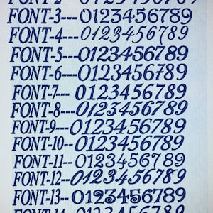 May include: A digital display featuring fifteen distinct blue embroidered-style font options, labeled FONT-1 through FONT-15. Each line includes the corresponding font name followed by the numerical sequence 0123456789 in a unique typeface.
