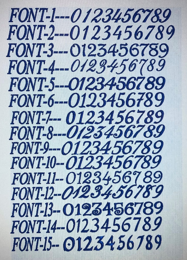 May include: A digital display featuring fifteen distinct blue embroidered-style font options, labeled FONT-1 through FONT-15. Each line includes the corresponding font name followed by the numerical sequence 0123456789 in a unique typeface.
