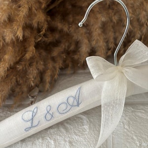 Personalized Linen Wedding Hanger,Embroidered Hanger for Bride, Bridesmaid Proposal,Wedding Decor,Date Hanger, Wedding Dress Hanger image 5