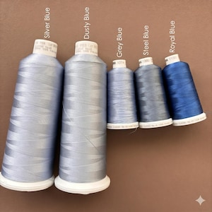 May include: Five spools of embroidery thread in varying shades of blue, labeled Silver Blue, Dusty Blue, Grey Blue, Steel Blue, and Royal Blue. Each spool features a white base and top, with the thread color name printed above each individual spool.