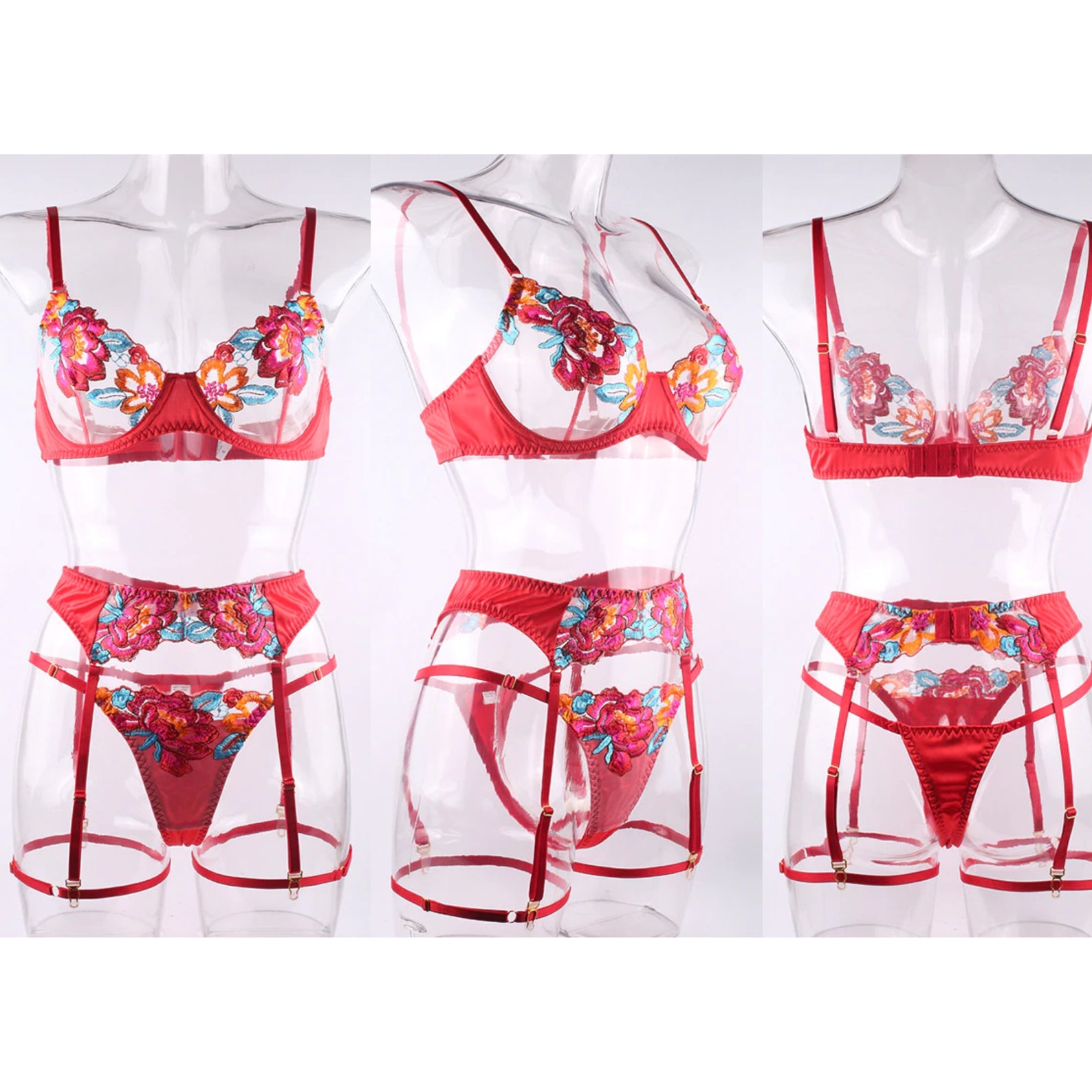 2pcs Women Sky Blue Embroidery Tie Front Lingerie Set