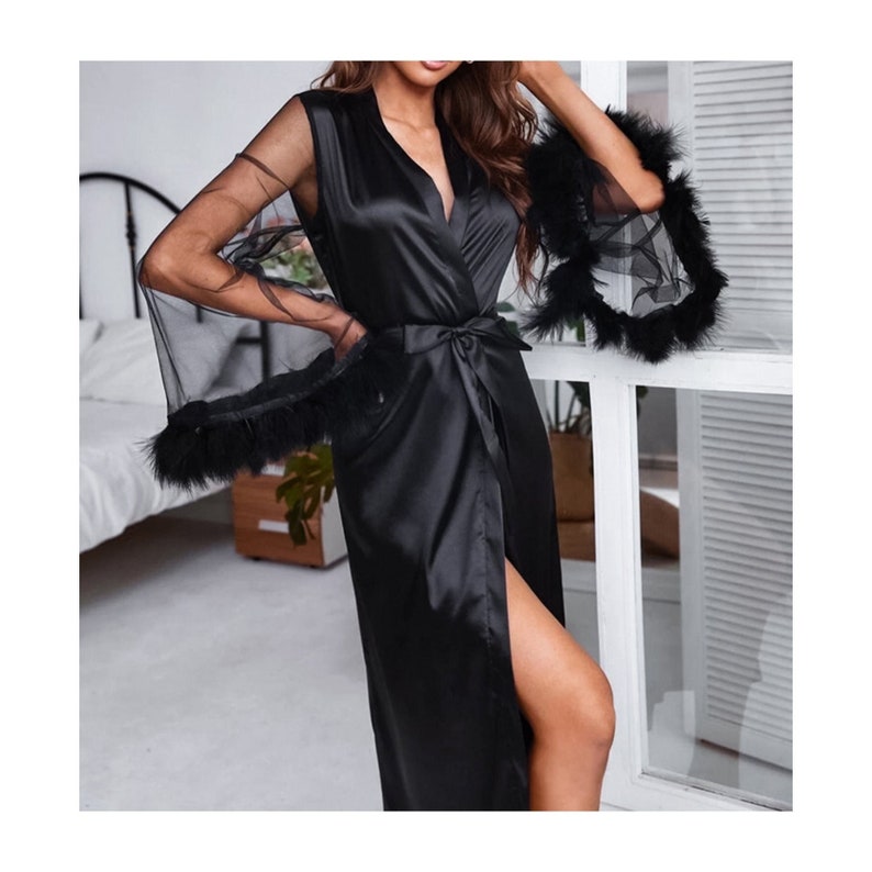 Feather Satin Long Kimono Robe Wedding Dressing Gown Etsy