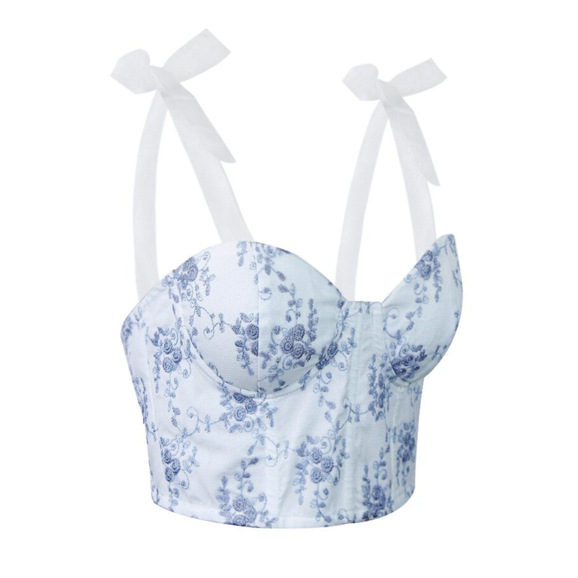 Blue Floral Embroidery White Lace up Corset Bustier Top - Etsy
