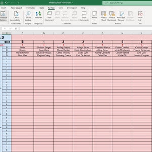 May include: A spreadsheet with a pink background and black text. The spreadsheet is titled "Edit A:B Guest List Table". The first column lists the names of guests and the second column lists the number of guests per table. The remaining columns are labelled with numbers 1 through 8.